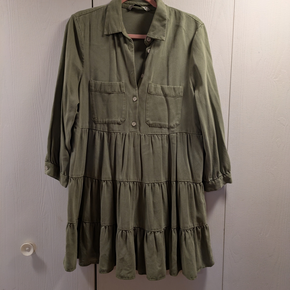 Zara Olive Green Tiered Shirt Dress